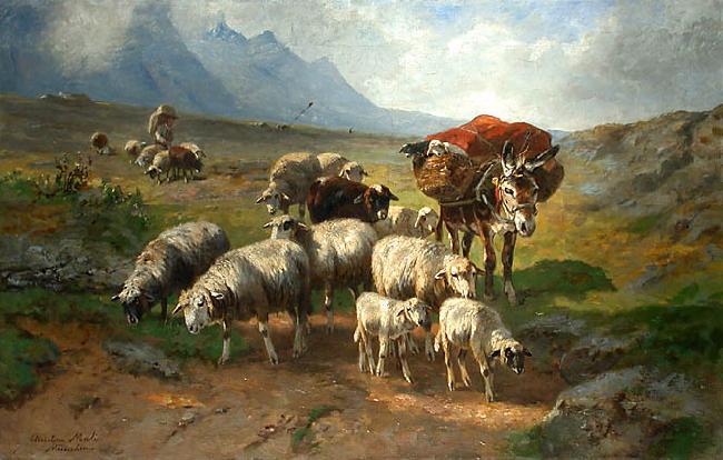 unknow artist Schafherde mit Esel und Schafer auf einer Hochebene